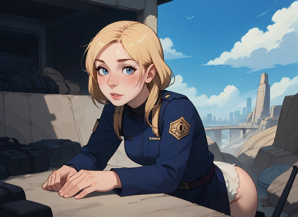 1girl, blonde hair, blue eyes, solo, day, sky