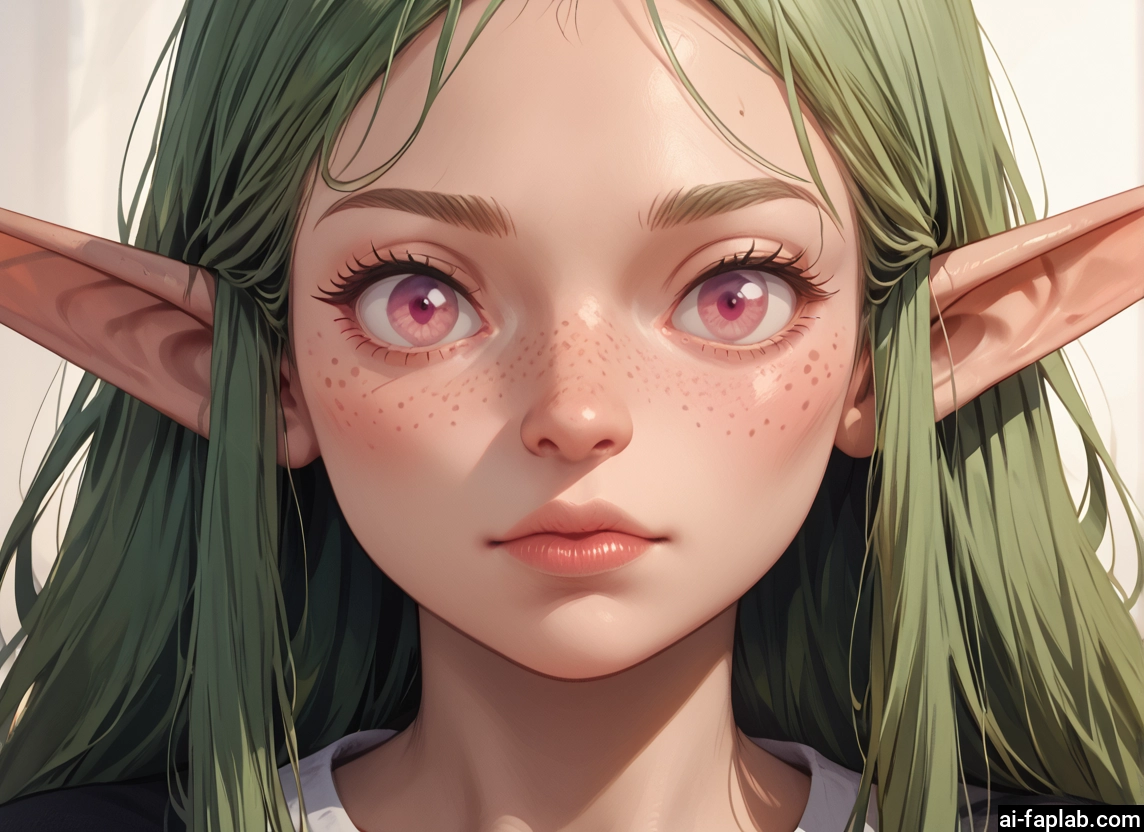 1girl, solo, pointy ears, freckles, green hair, looking at viewer · Yamete.gg