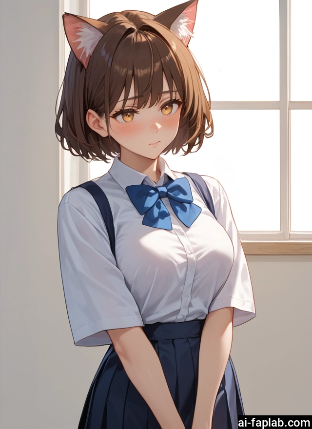 1girl, animal ears, solo, skirt, brown hair, shirt · Yamete.gg