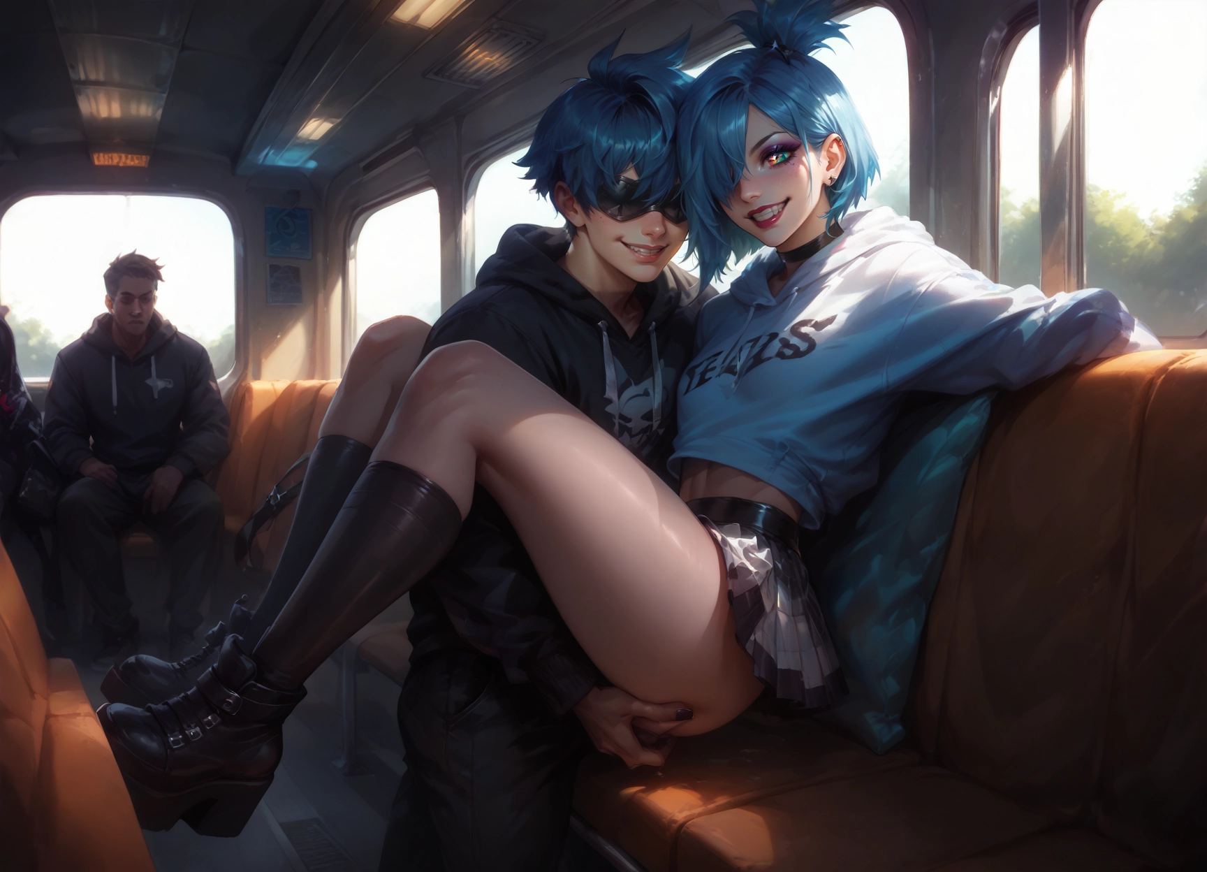 hoodie, choker, hood, 1girl, blue hair, multiple boys · Yamete.gg