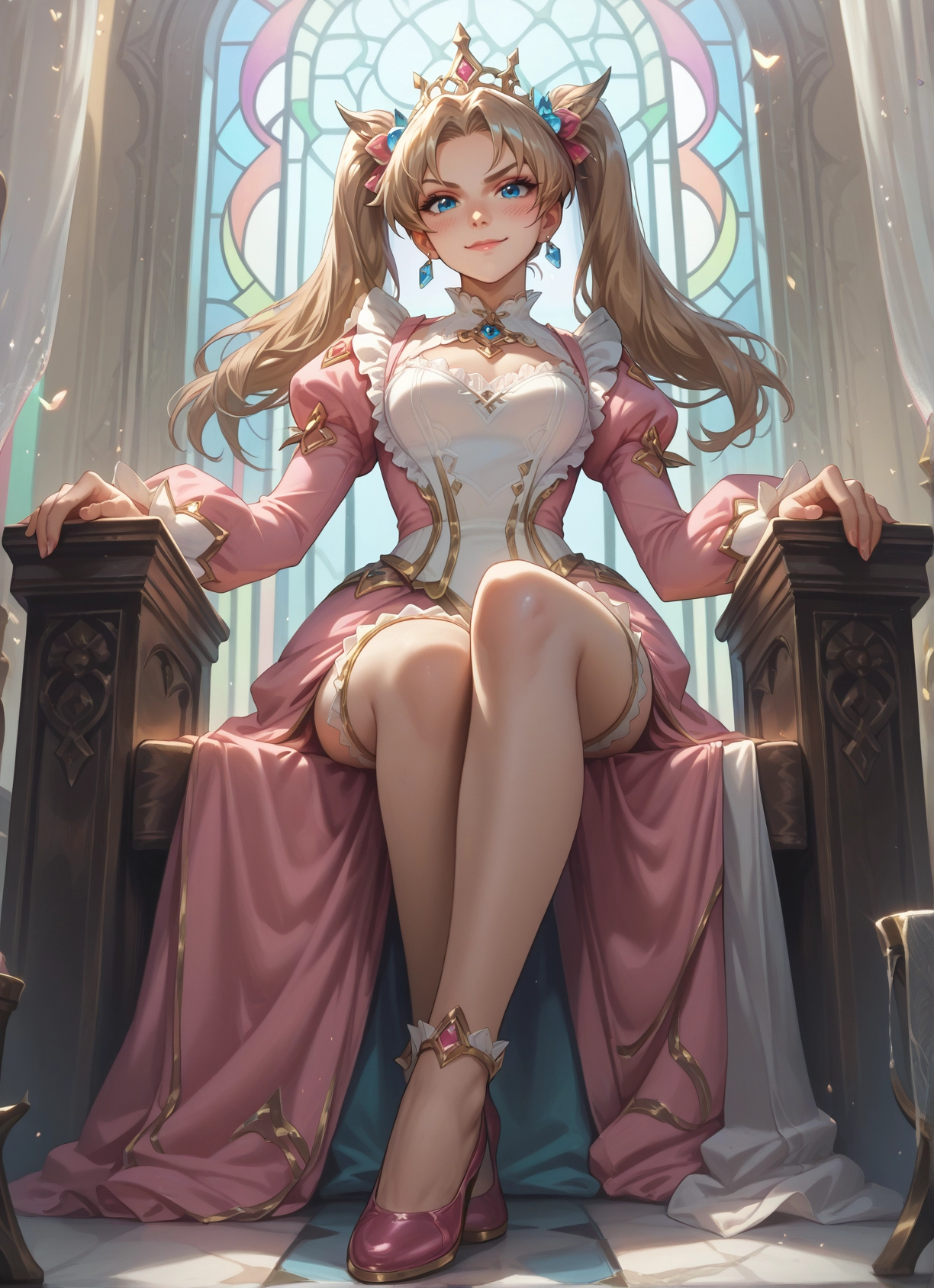 1girl, twintails, blue eyes, breasts, sitting, dress · Yamete.gg