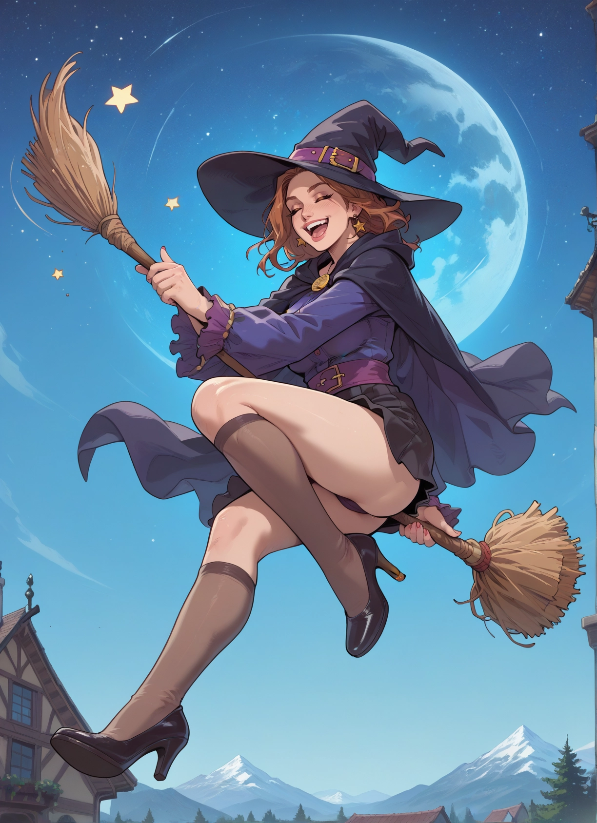 1girl, hat, witch hat, broom, high heels, moon · Yamete.gg