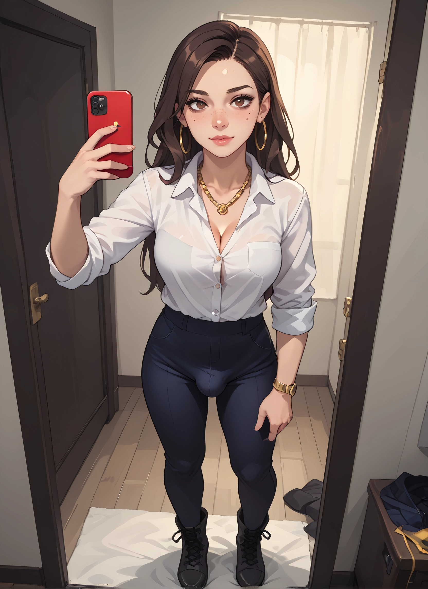 futanari, 1girl, breasts, jewelry, phone, earrings · Yamete.gg