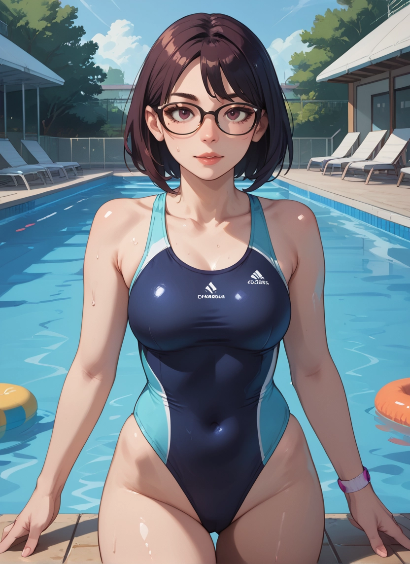 1girl, swimsuit, one-piece swimsuit, glasses, breasts, brown hair · Yamete.gg