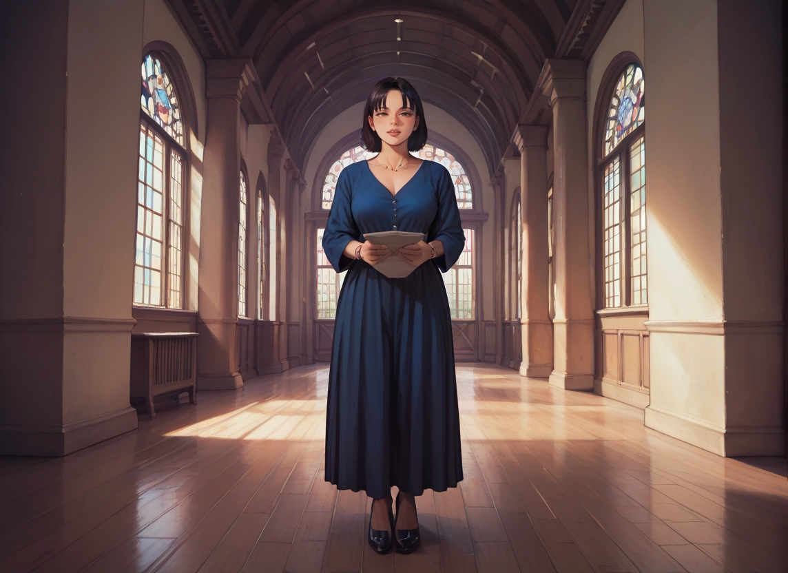 1girl, solo, dress, indoors, blue dress, black hair · Yamete.gg