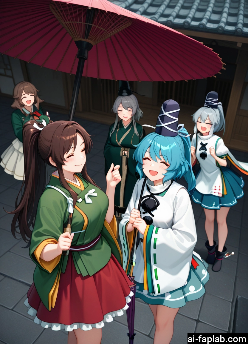 multiple girls, umbrella, hat, 4girls, tate eboshi, closed eyes