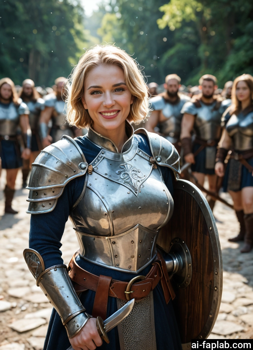 armor, shield, weapon, blonde hair, smile, sword · Yamete.gg