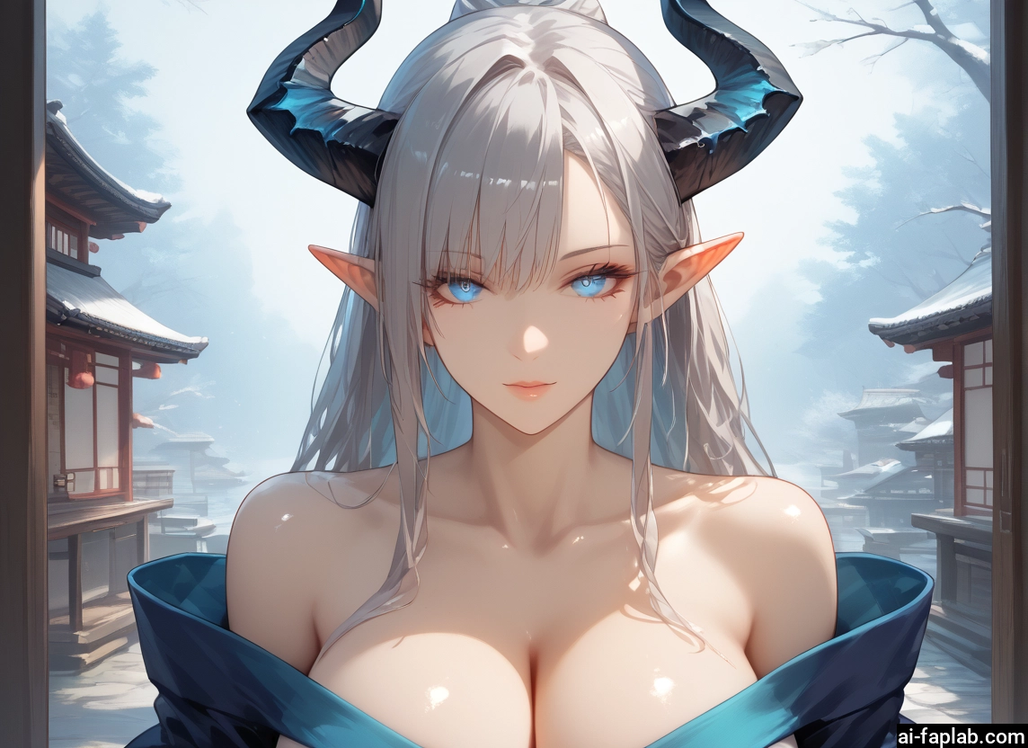 1girl, breasts, horns, solo, pointy ears, large breasts