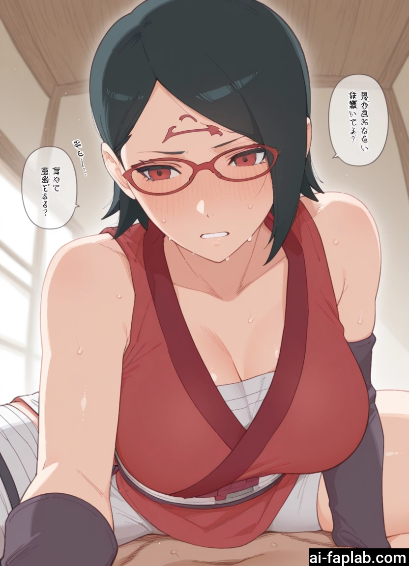 1girl, breasts, glasses, black hair, 1boy, sweat