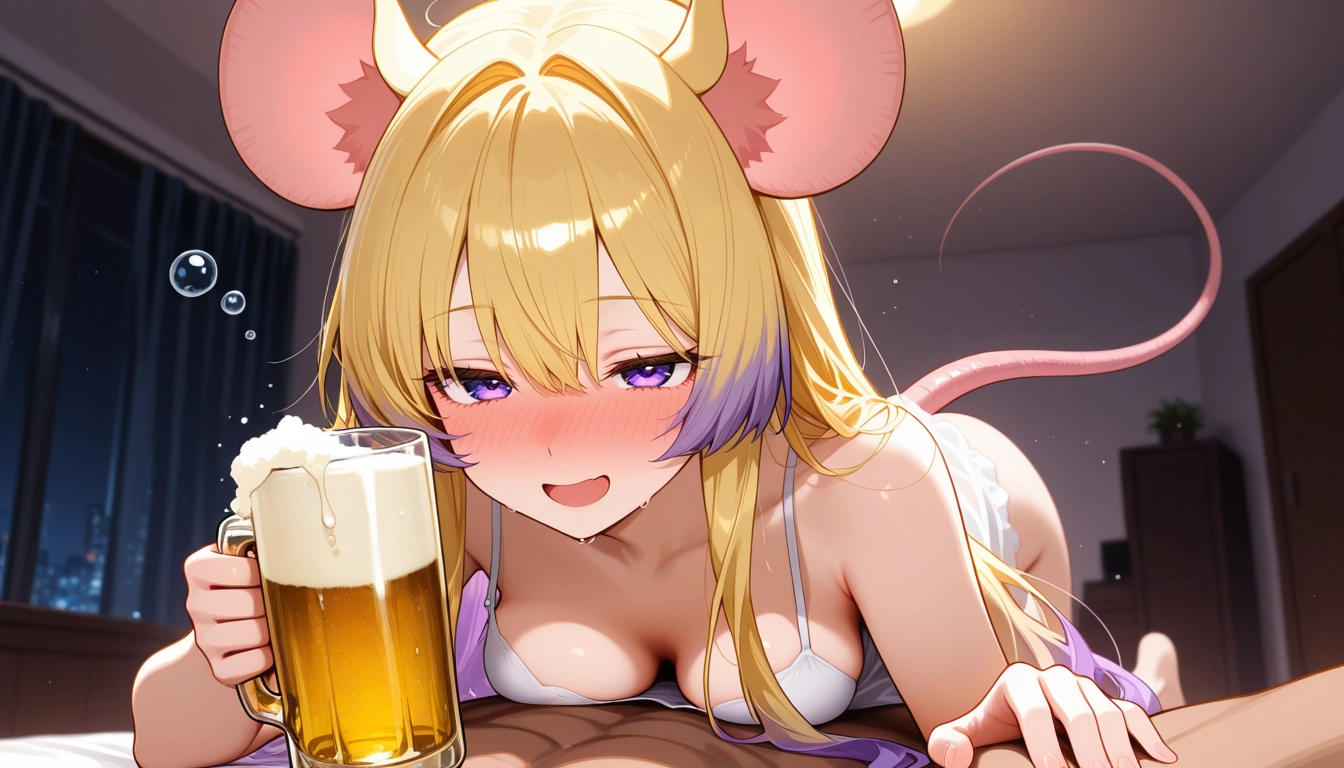 drunk, 1girl, breasts, animal ears, purple eyes, alcohol · Yamete.gg