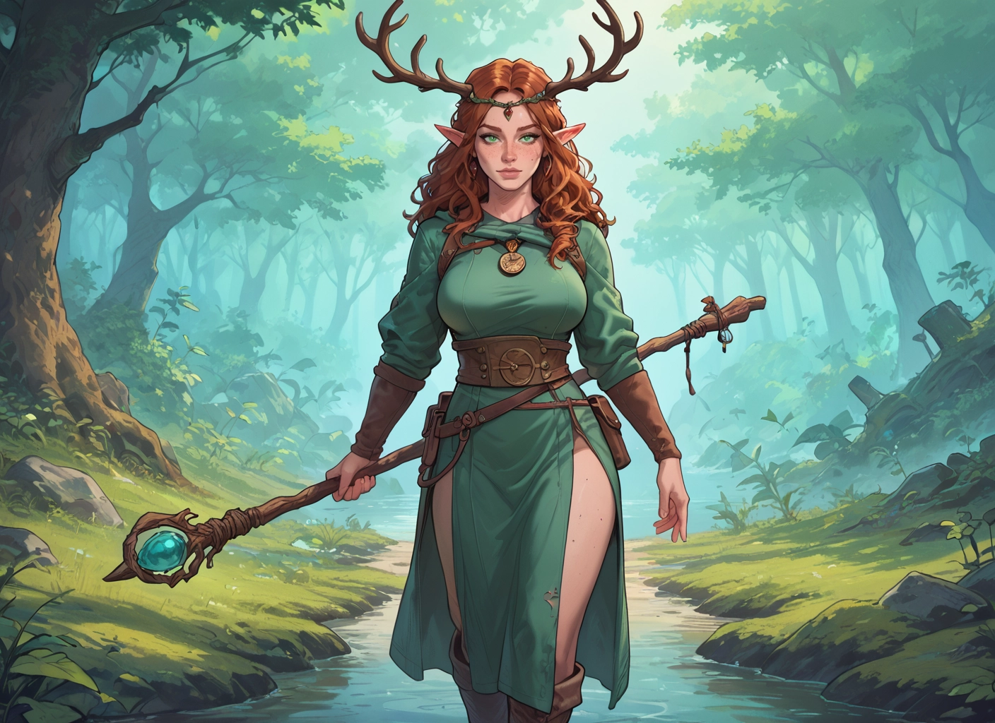 1girl, pointy ears, staff, solo, breasts, nature · Yamete.gg