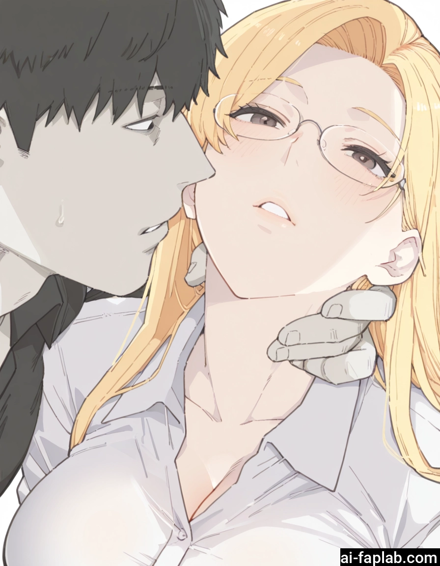 1girl, blonde hair, 1boy, glasses, breasts, shirt