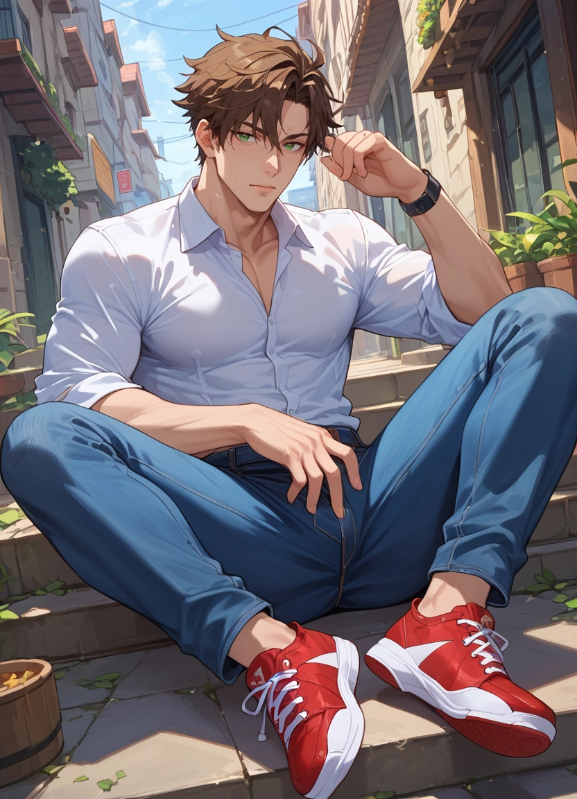 bara, 1boy, male focus, brown hair, green eyes, pectorals · Yamete.gg