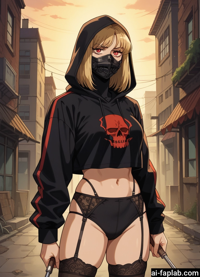 1girl, mask, red eyes, thighhighs, hood, navel · Yamete.gg