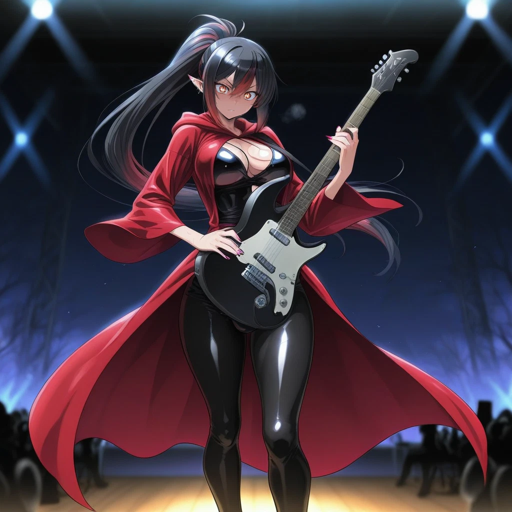 1girl, breasts, black hair, multicolored hair, pointy ears, instrument · Yamete.gg