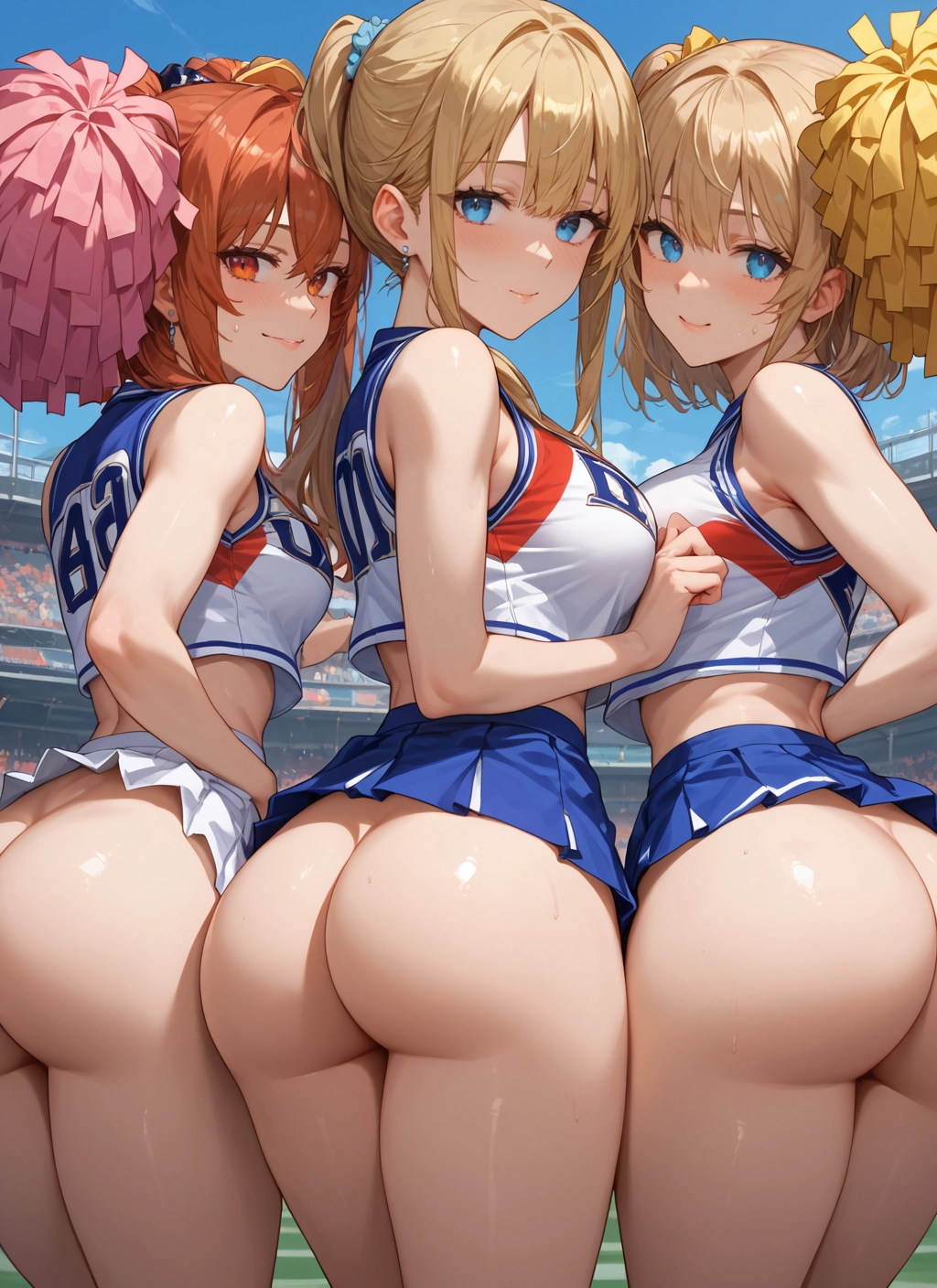 ass, multiple girls, breasts, pom pom (cheerleading), blue eyes, cheerleader · Yamete.gg