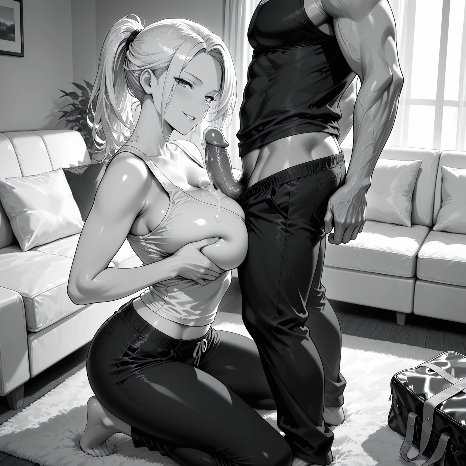 1girl, 1boy, greyscale, breasts, penis, monochrome · Yamete.gg
