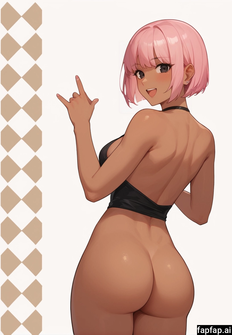 1girl, solo, ass, pink hair, bottomless, dark-skinned female