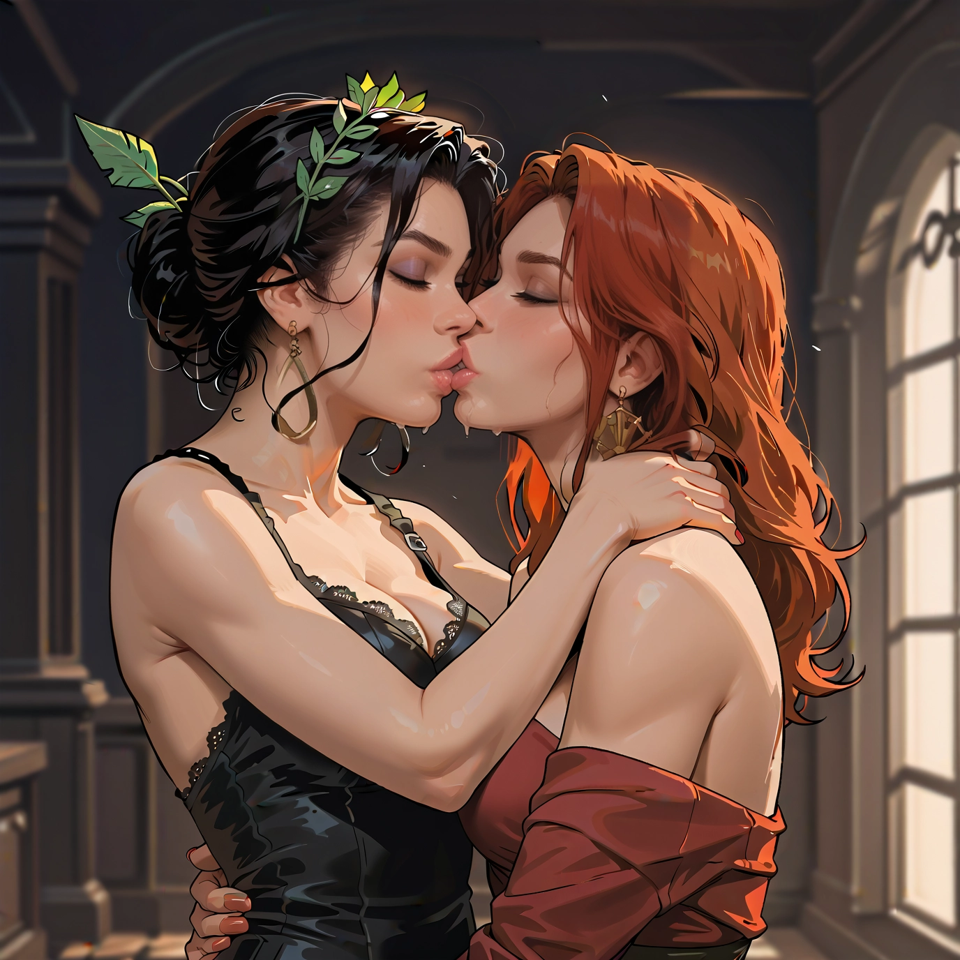 multiple girls, 2girls, yuri, kiss, breasts, jewelry · Yamete.gg