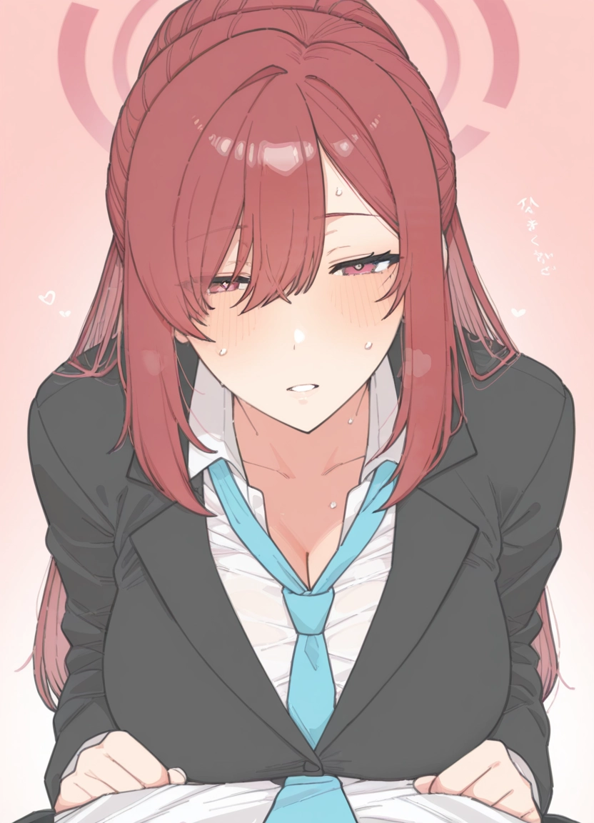 1girl, breasts, necktie, red hair, blush, large breasts