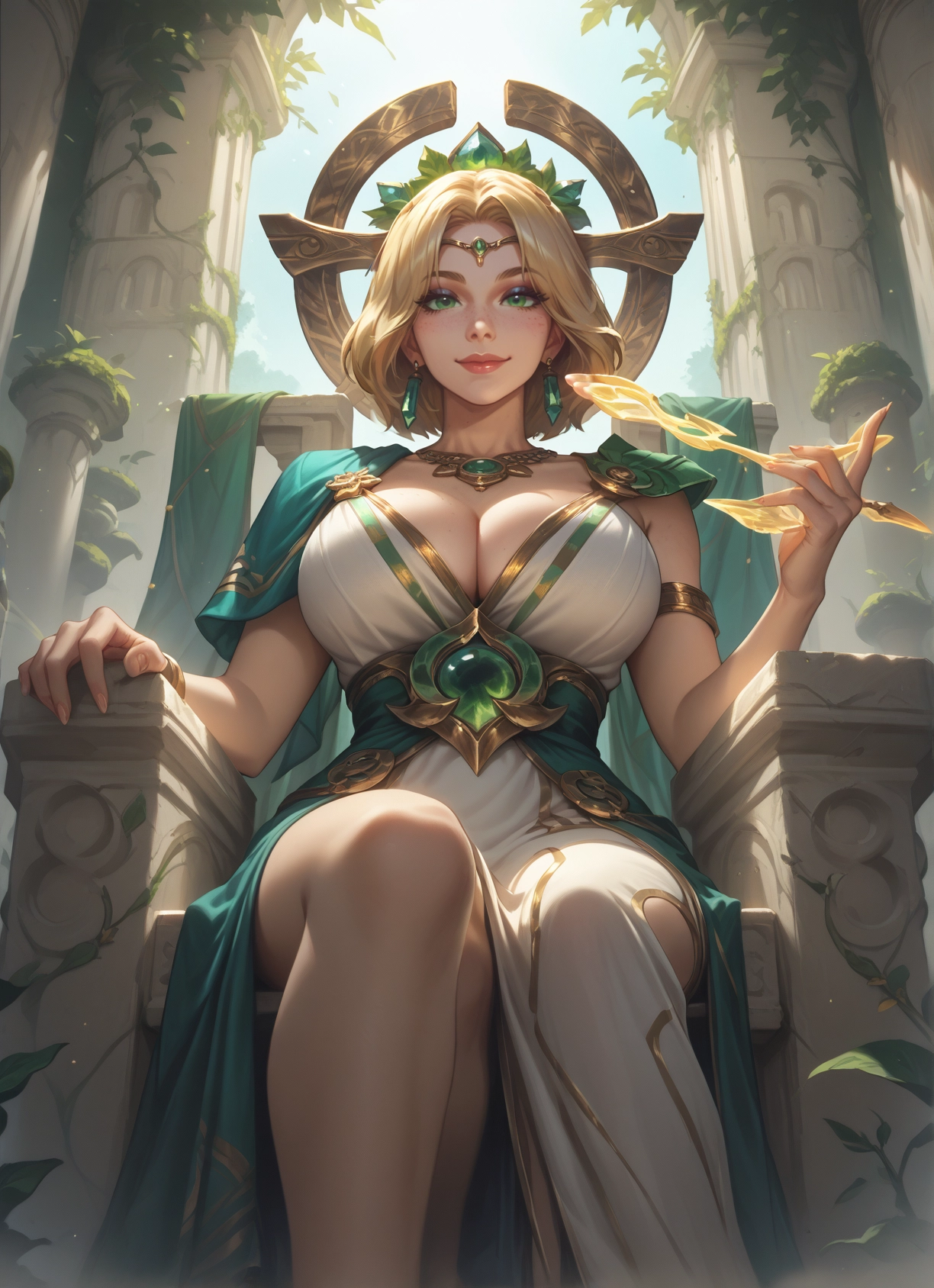 1girl, breasts, blonde hair, jewelry, large breasts, sitting · Yamete.gg