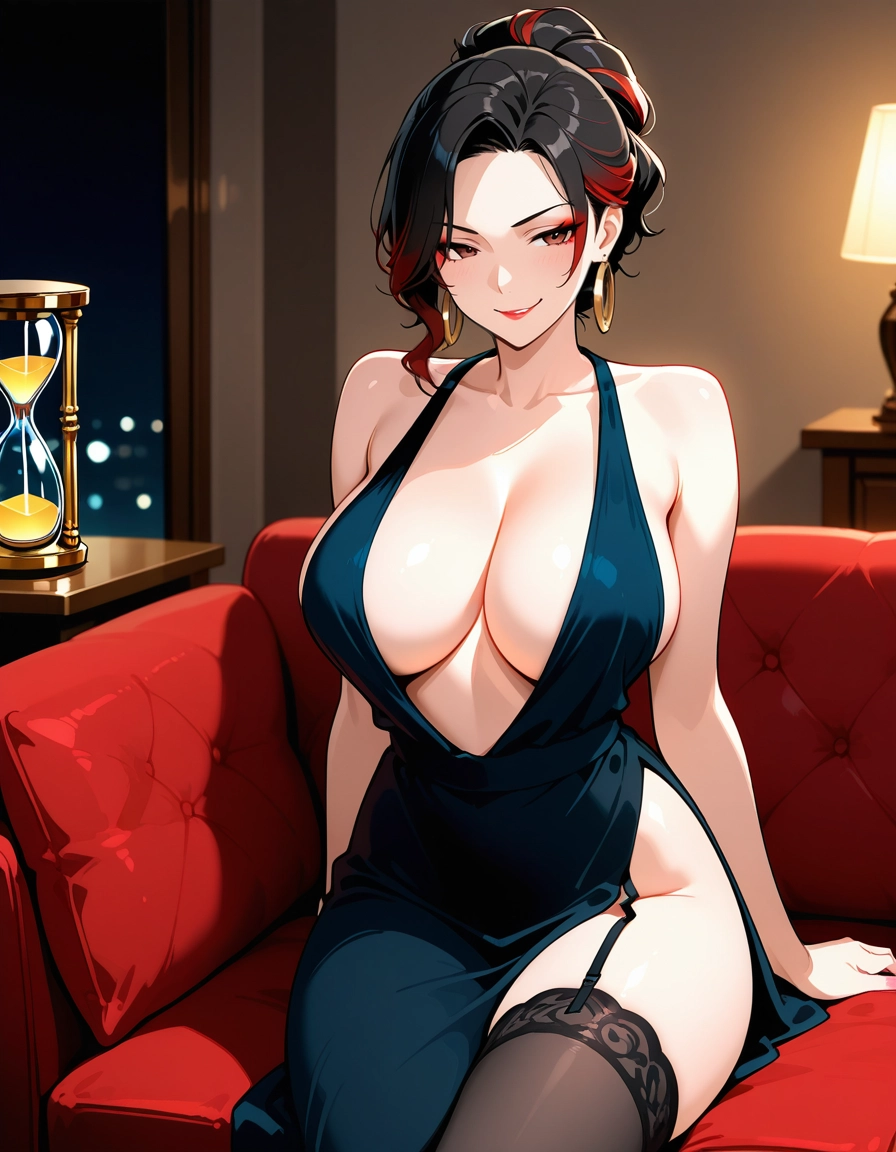 1girl, breasts, dress, large breasts, black hair, earrings · Yamete.gg