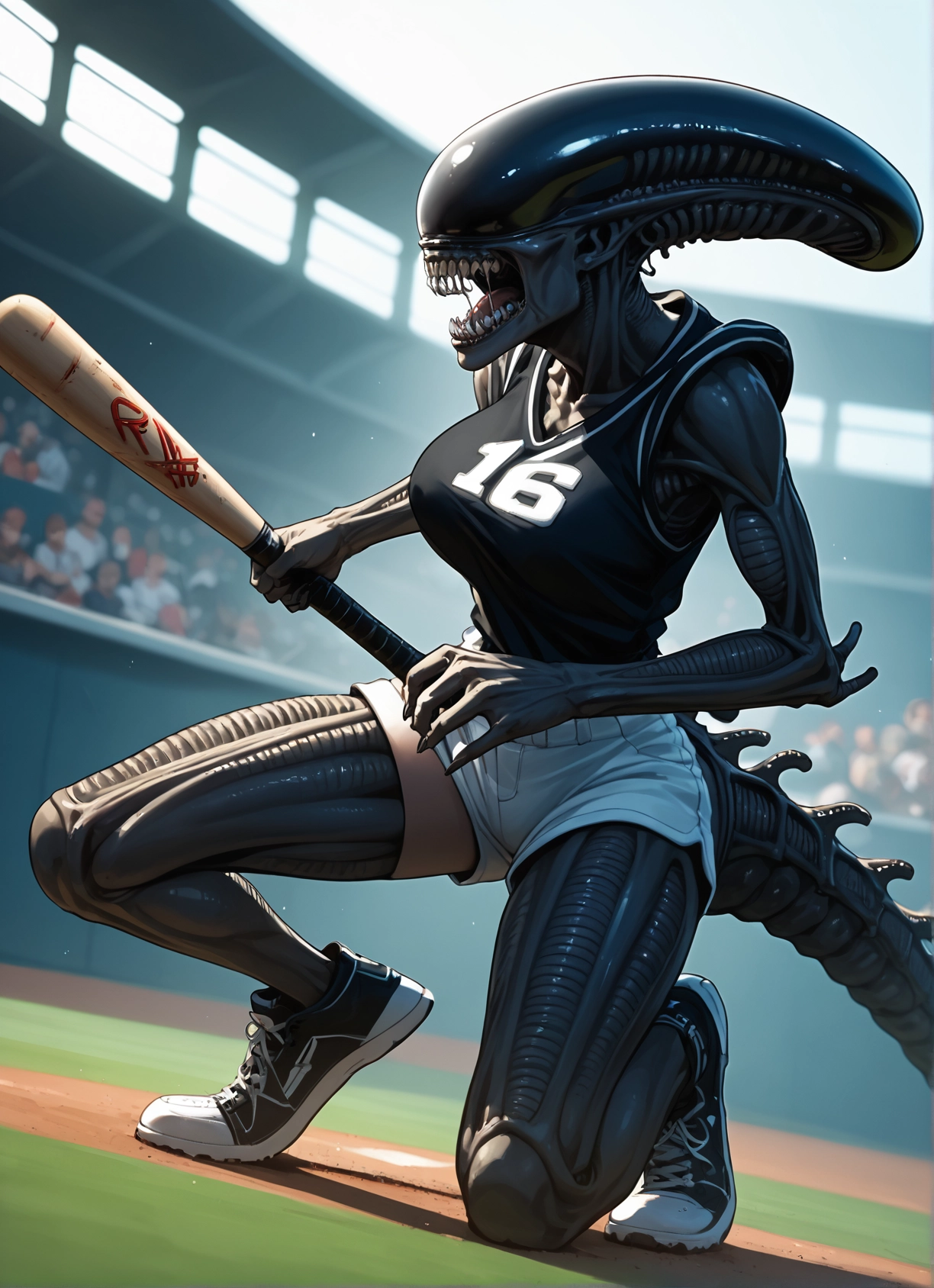 1girl, shorts, baseball bat, shoes, teeth, thighhighs · Yamete.gg