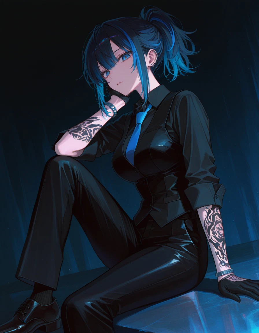 1girl, solo, tattoo, necktie, pants, blue eyes · Yamete.gg