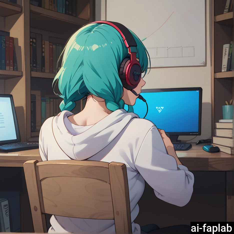 1girl, solo, braid, headphones, hood, sitting · Yamete.gg