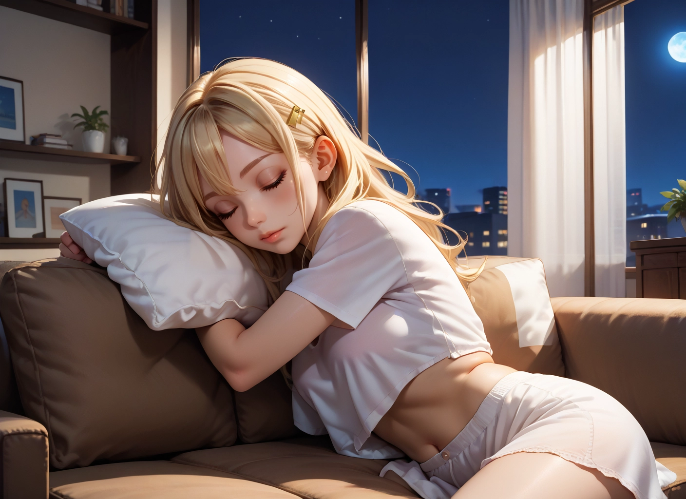 1girl, solo, blonde hair, closed eyes, pillow, hair ornament · Yamete.gg