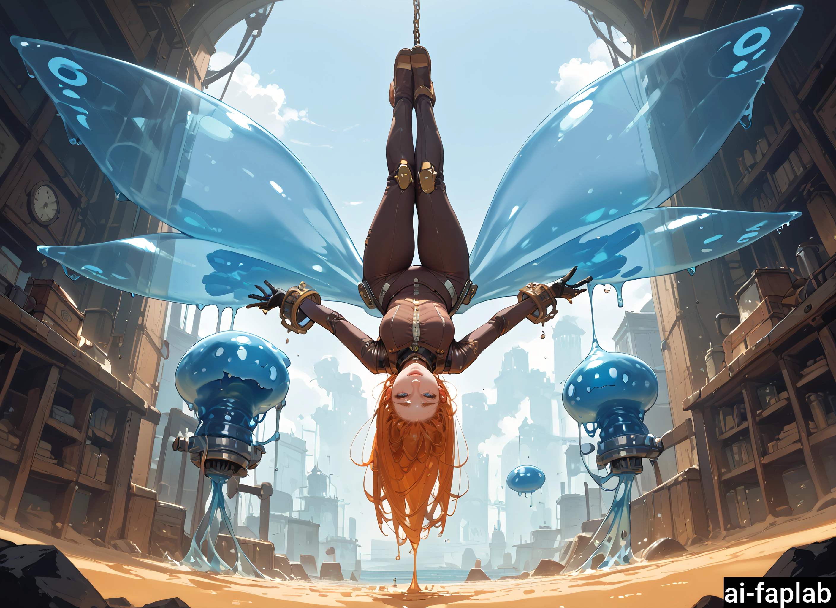 1girl, long hair, orange hair, upside-down, solo, wings · Yamete.gg