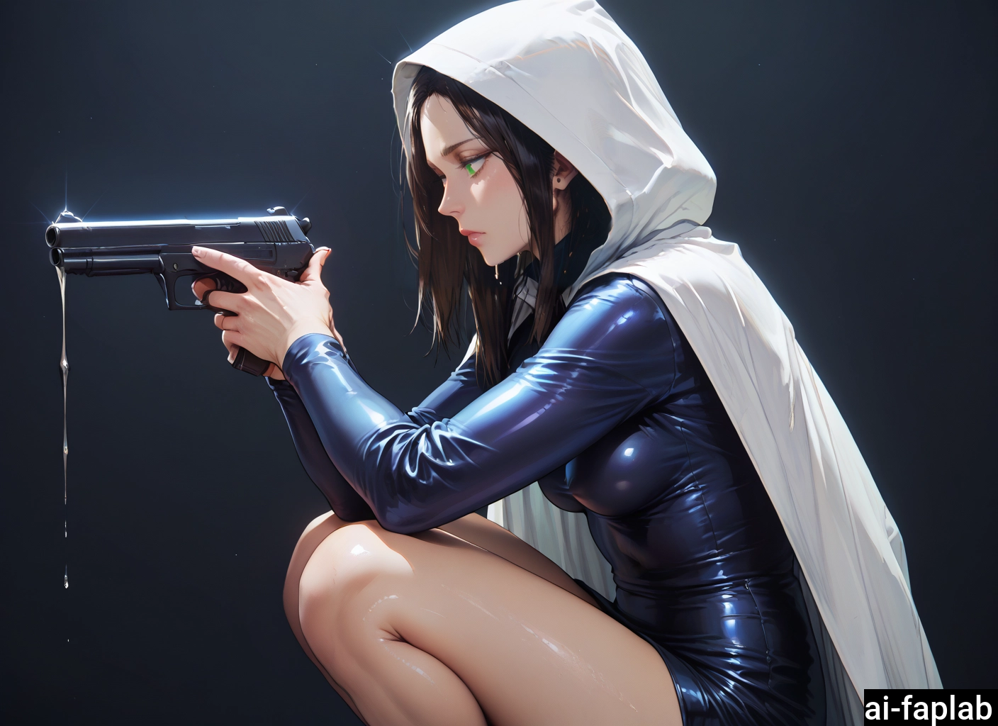 1girl, weapon, solo, shiny clothes, green eyes, latex · Yamete.gg