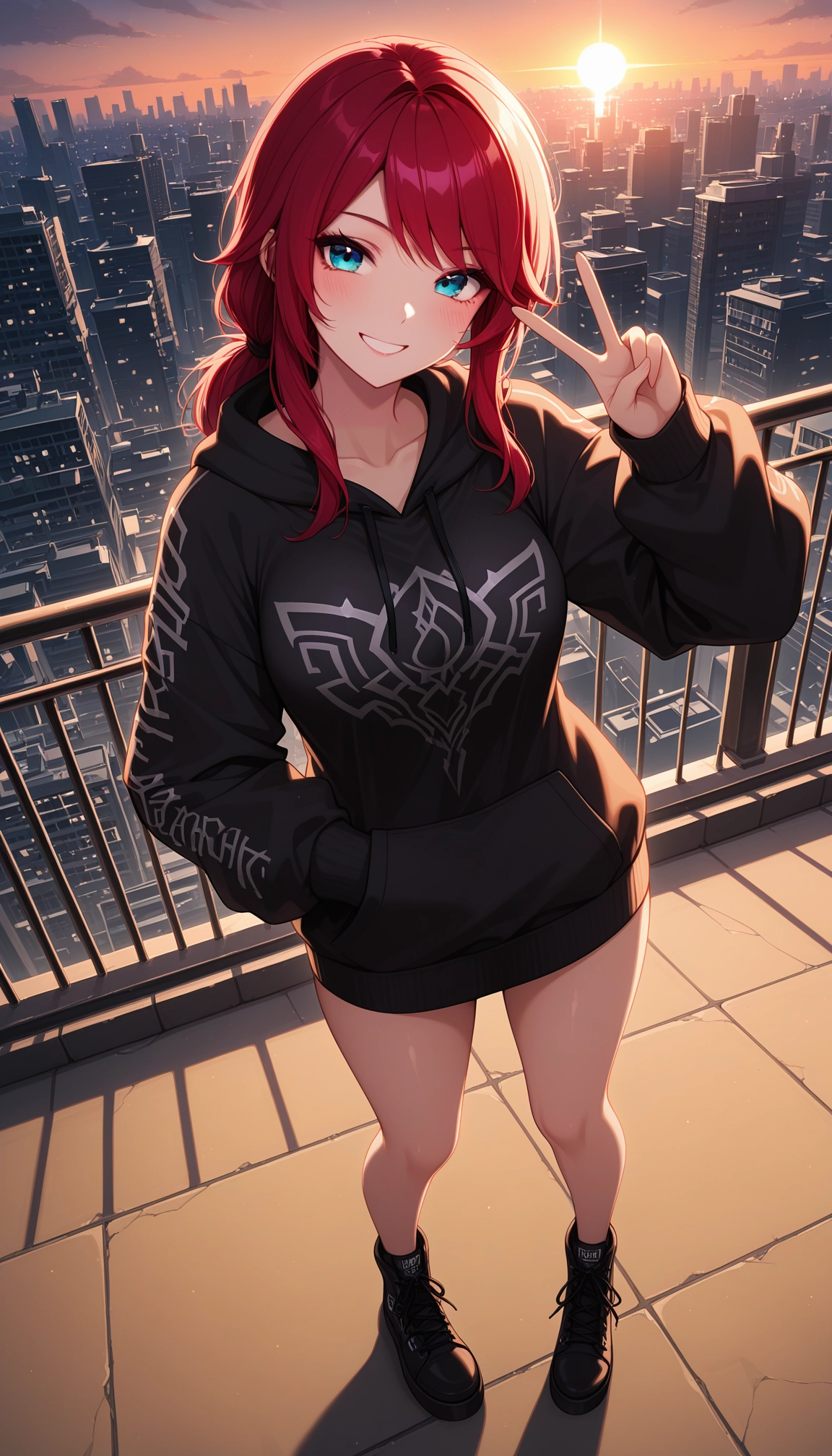1girl, solo, hood, red hair, smile, hoodie · Yamete.gg