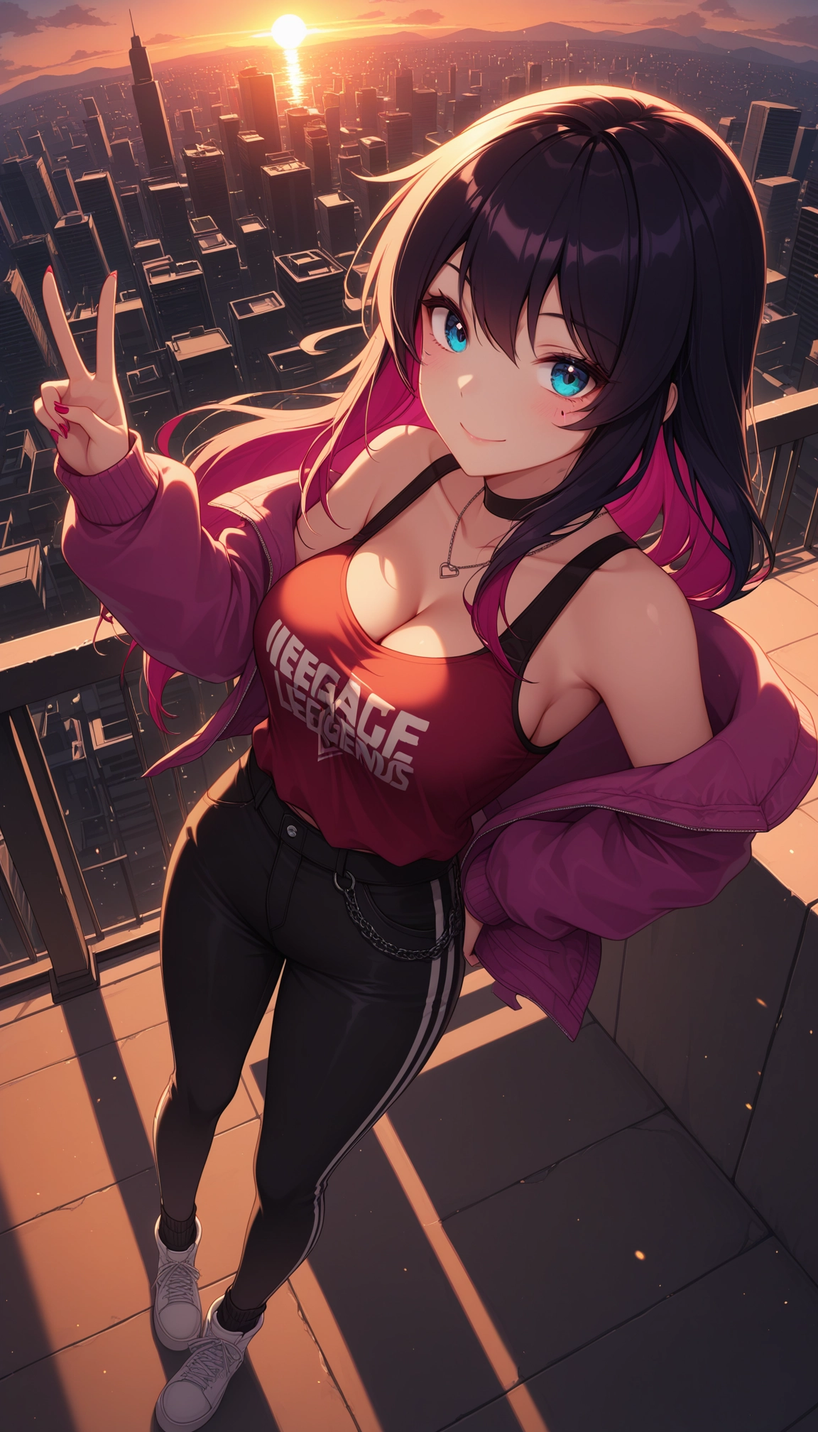 1girl, breasts, solo, black hair, cleavage, pants · Yamete.gg