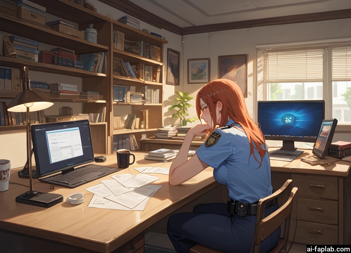 1girl, cup, uniform, sitting, police, mug · Yamete.gg