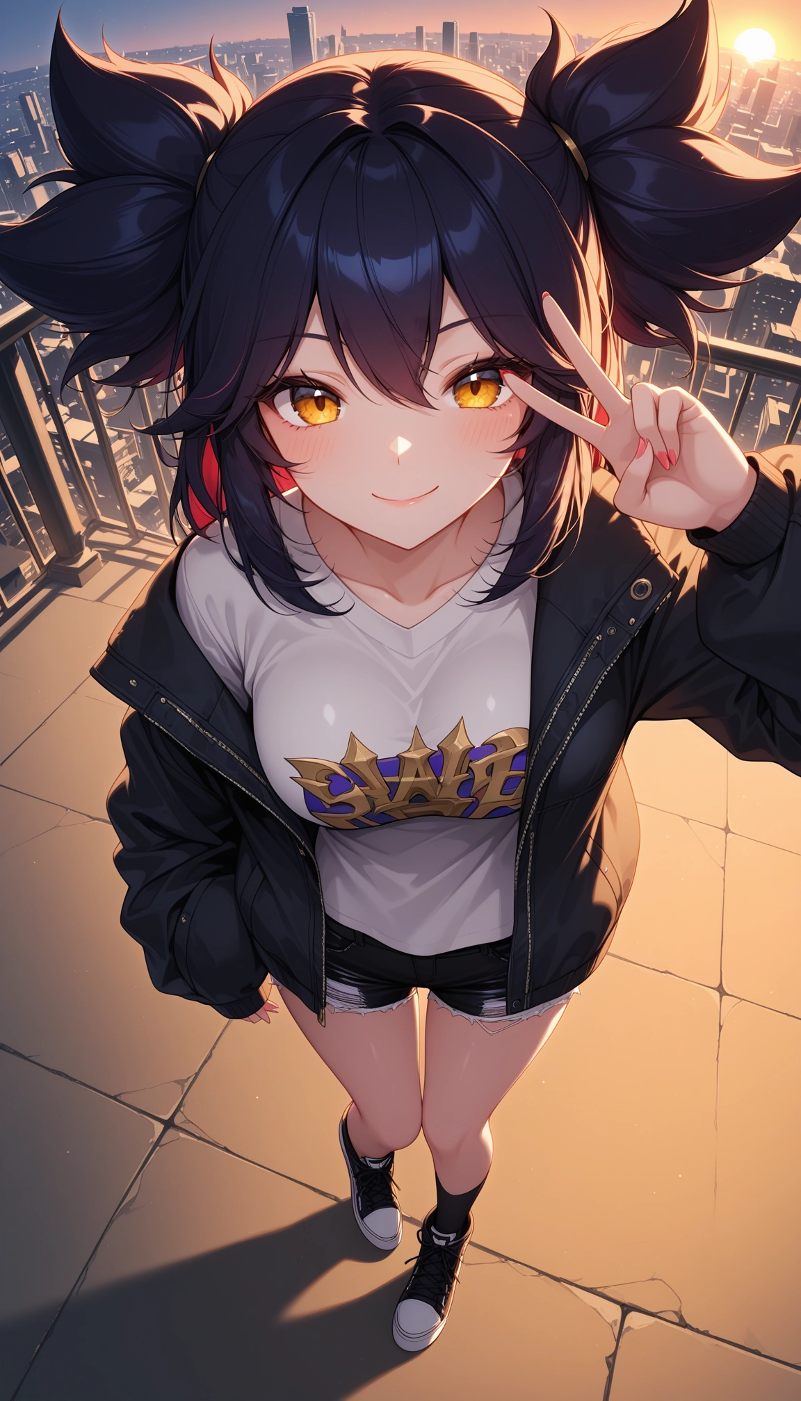 1girl, solo, jacket, shorts, looking at viewer, black hair · Yamete.gg