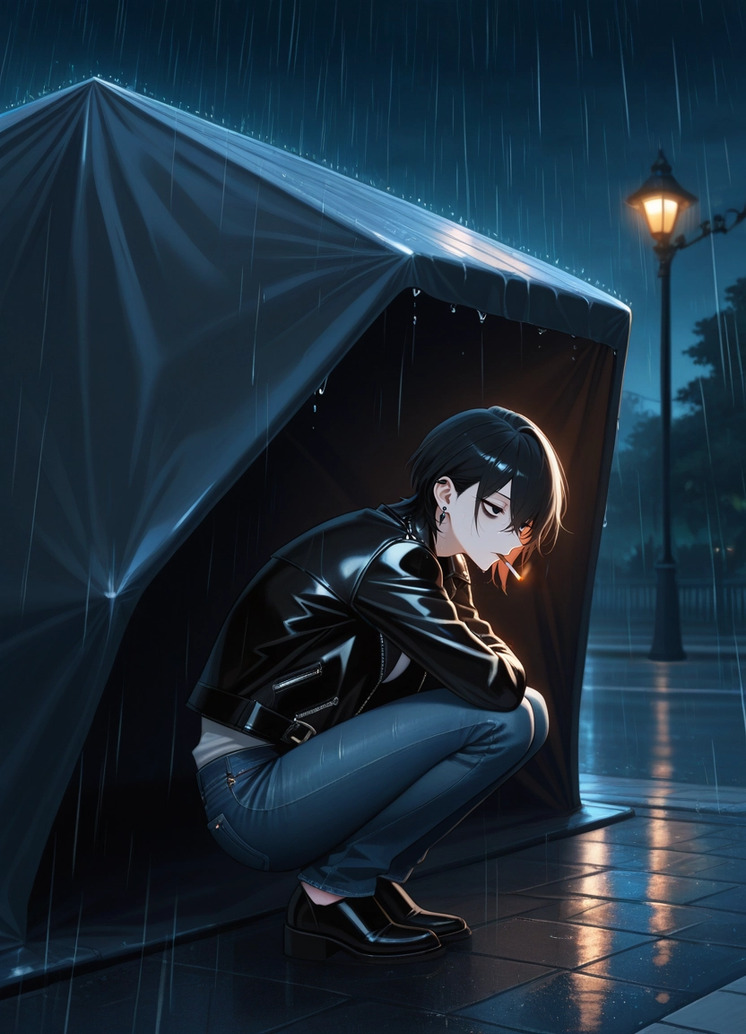 1girl, rain, pants, cigarette, solo, black hair · Yamete.gg