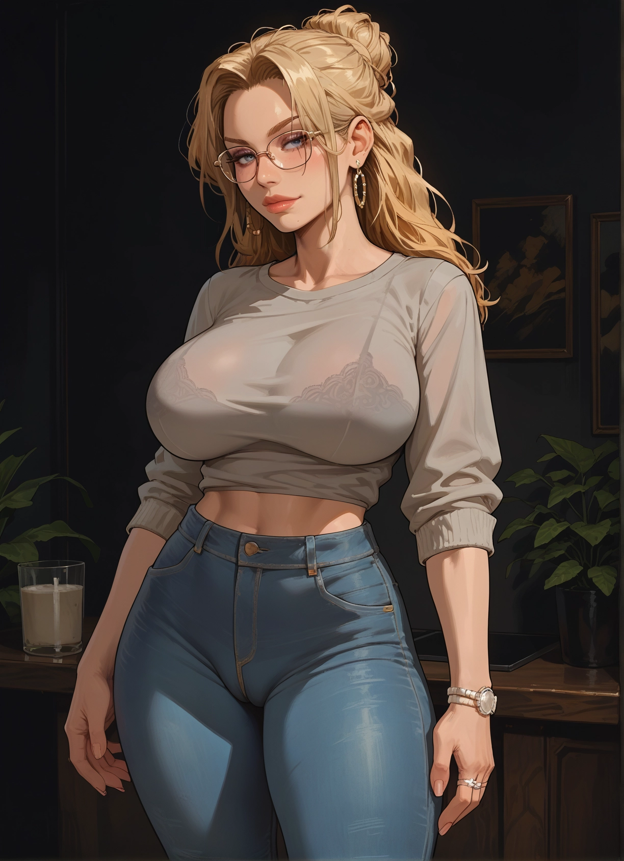 1girl, breasts, jewelry, pants, blonde hair, earrings · Yamete.gg