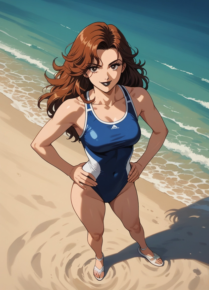 1girl, swimsuit, one-piece swimsuit, beach, solo, breasts
