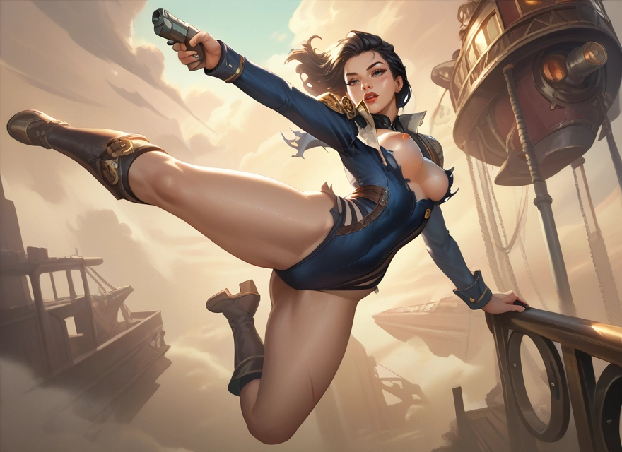 1girl, weapon, breasts, gun, nipples, torn clothes · Yamete.gg