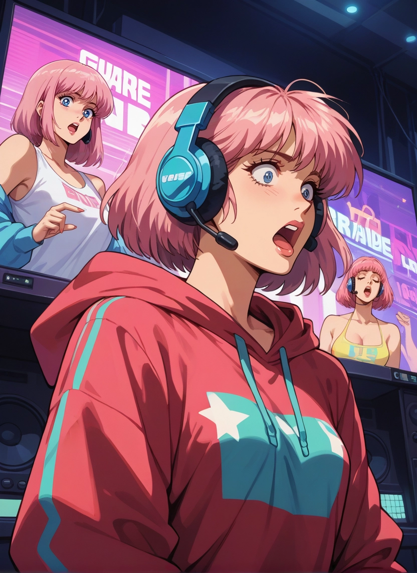 pink hair, hood, blue eyes, breasts, open mouth, short hair · Yamete.gg