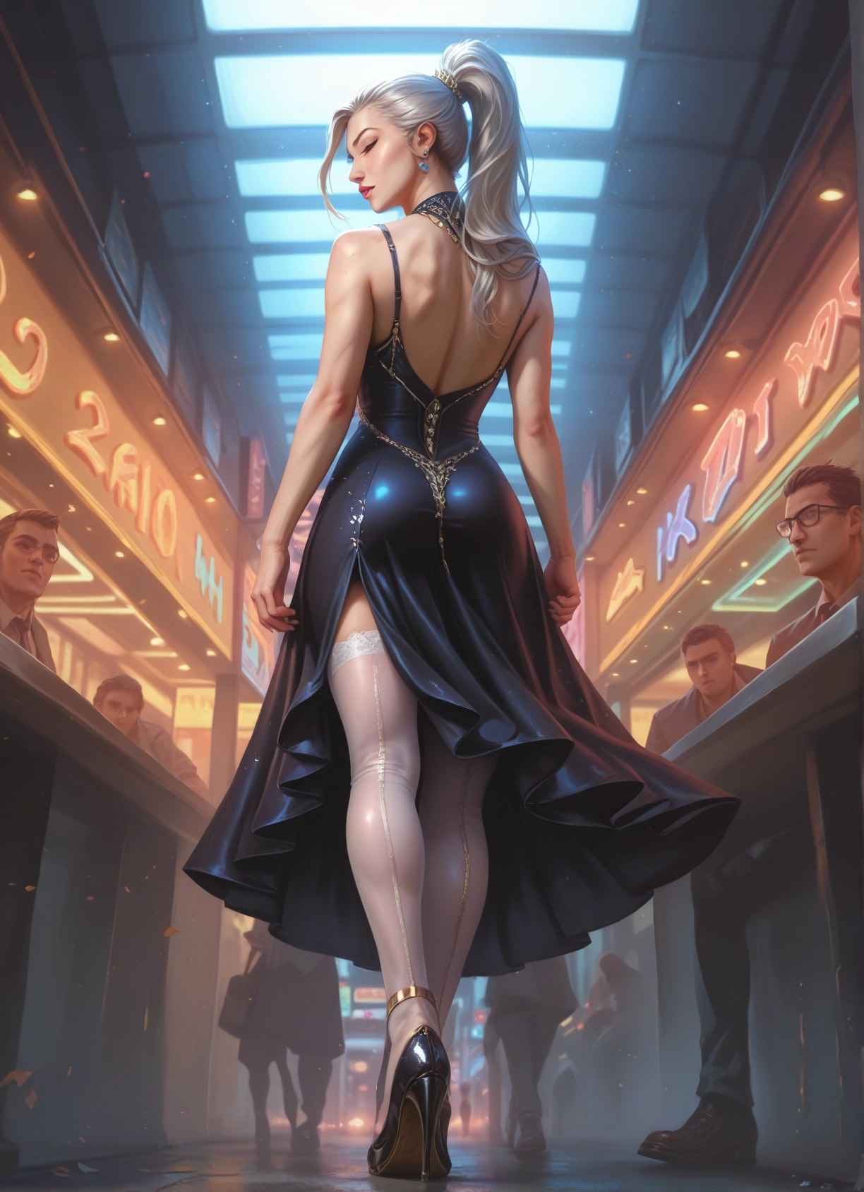 dress, thighhighs, 1girl, ass, high heels, jewelry · Yamete.gg
