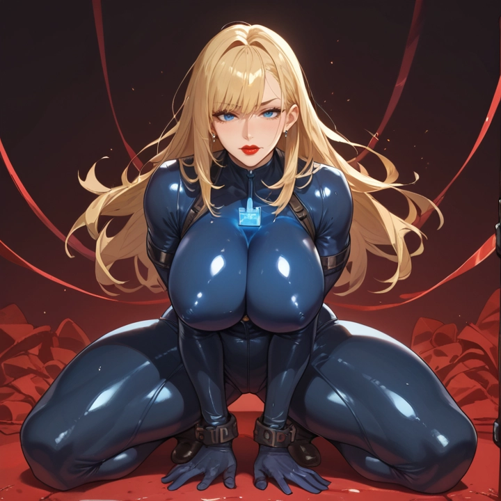 1girl, breasts, bodysuit, blonde hair, long hair, blue eyes