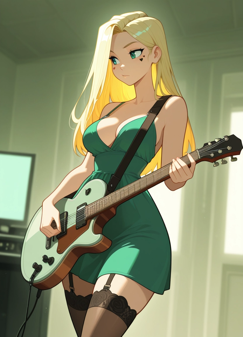 1girl, solo, dress, thighhighs, instrument, blonde hair