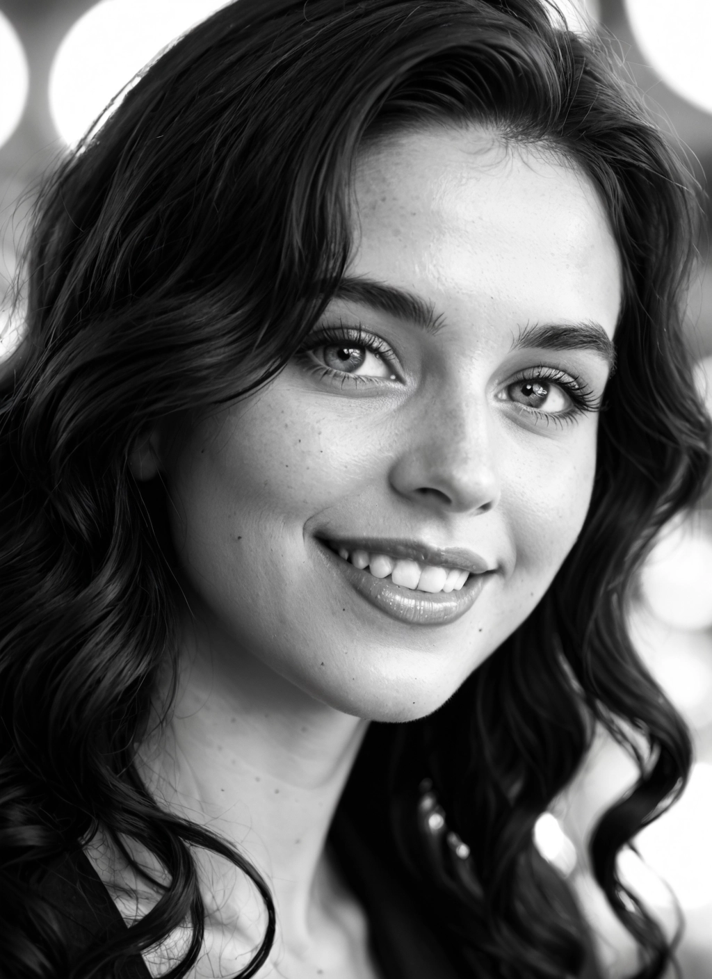 1girl, monochrome, greyscale, solo, smile, freckles · Yamete.gg