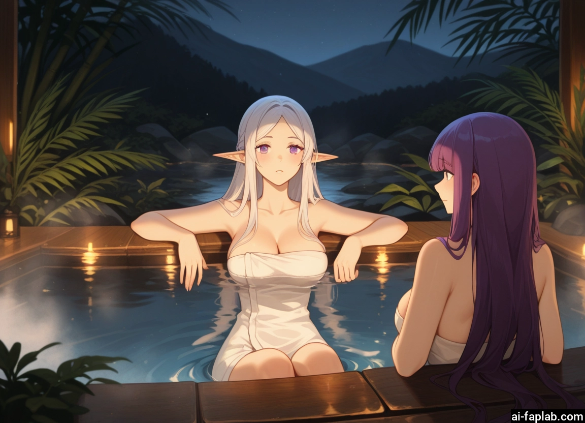 breasts, multiple girls, 2girls, pointy ears, towel, naked towel