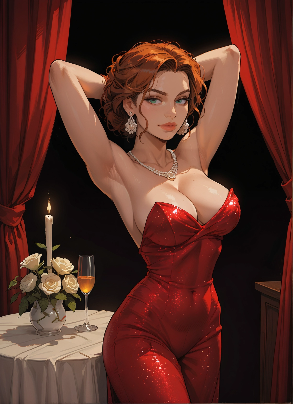 1girl, breasts, jewelry, dress, earrings, armpits · Yamete.gg