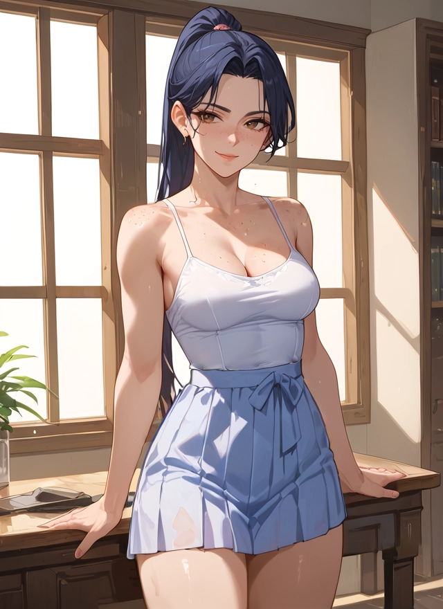 1girl, breasts, cleavage, solo, ponytail, long hair