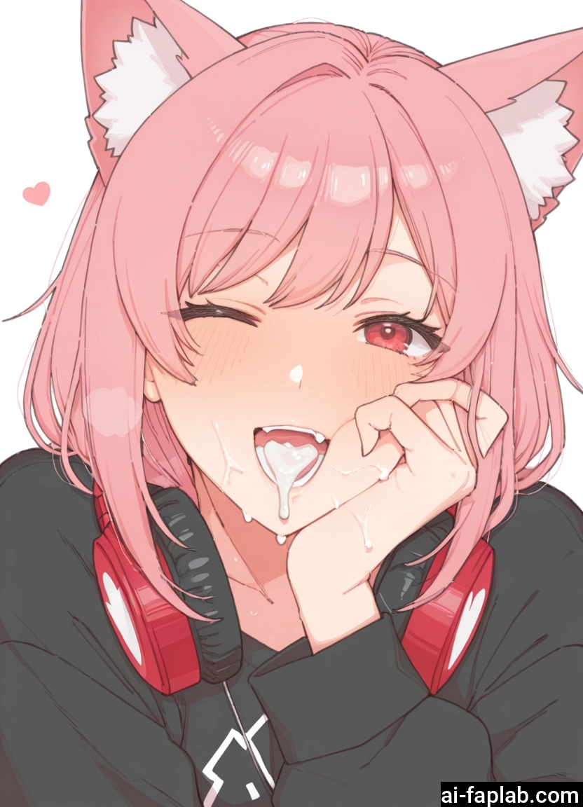 1girl, animal ears, pink hair, solo, cum, headphones