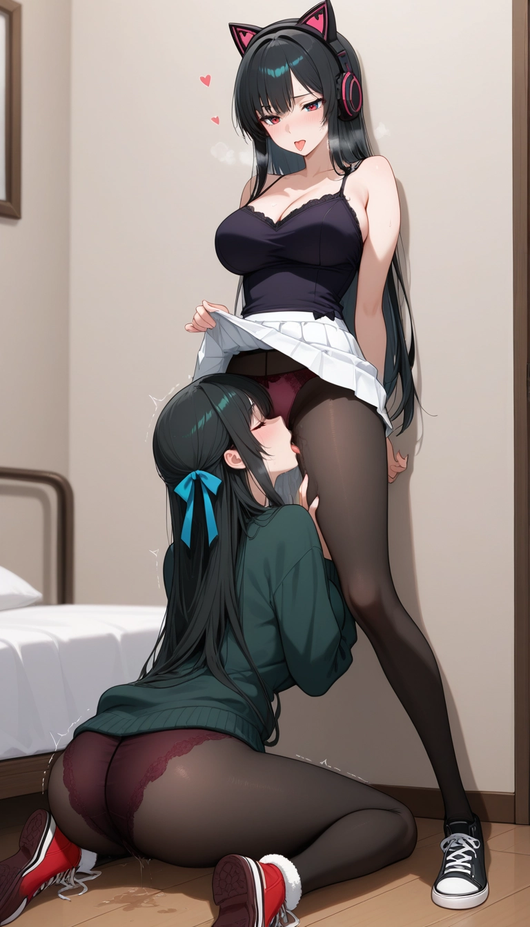 multiple girls, 2girls, yuri, skirt, standing, clothes lift · Yamete.gg